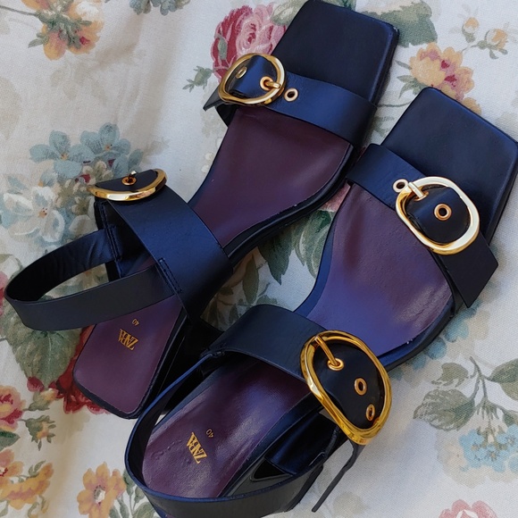 Zara Women's Black and Gold Tone Block Heel Dress Sandals Size EU 40 US 9 - Picture 17 of 17